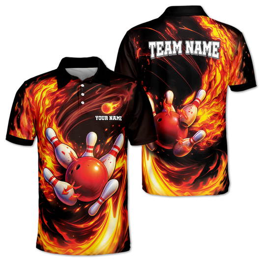 Custom Flame Bowling Polo Shirt Mens, Cusom Flame Bowling Shirts For Team BZ0331