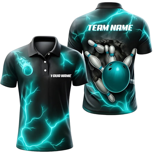 Custom Cyan Thunder Lightning Bowling Polo Shirt Men, Custom Bowling Team Shirts BZ0336