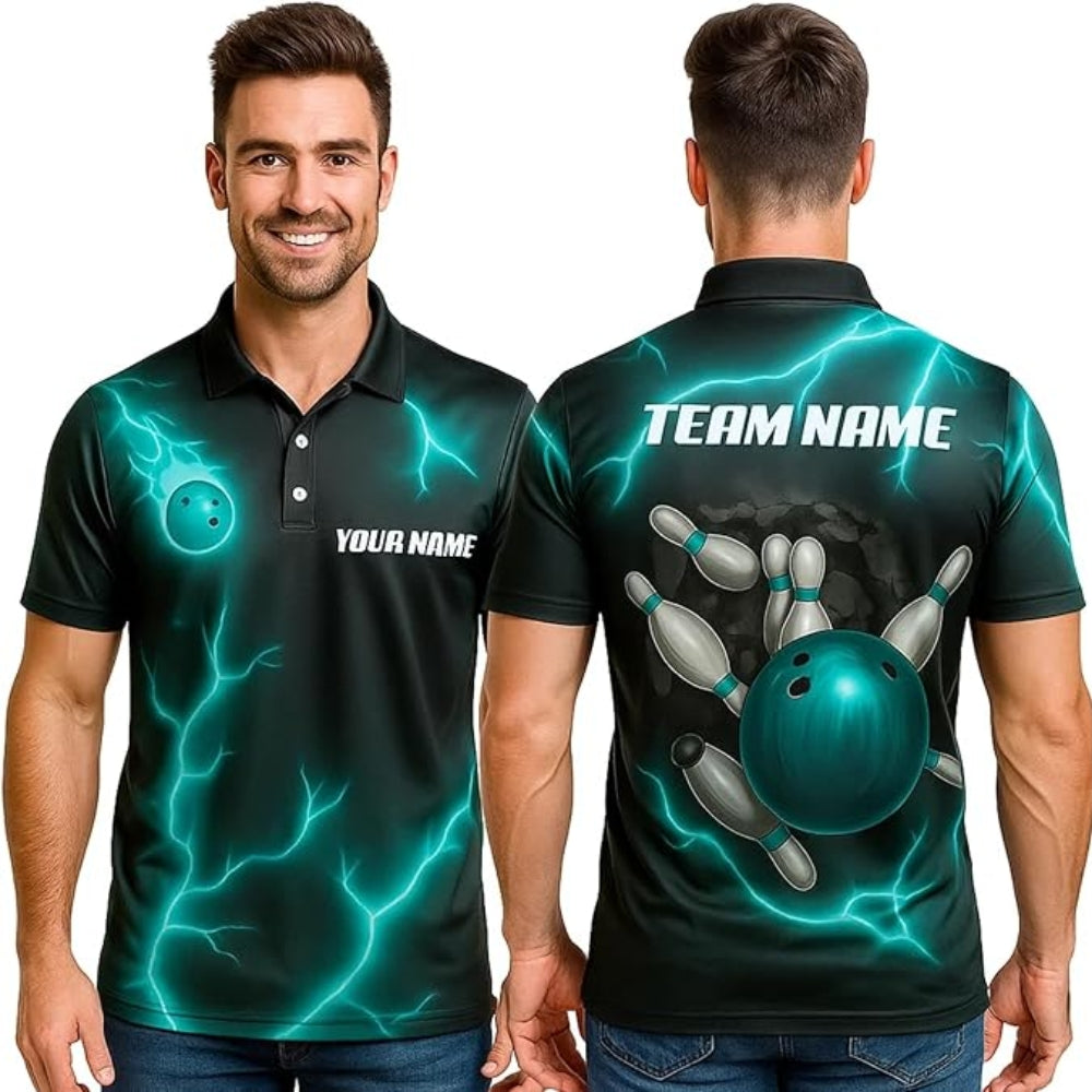 Custom Cyan Thunder Lightning Bowling Polo Shirt Men, Custom Bowling Team Shirts BZ0336