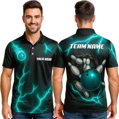Custom Cyan Thunder Lightning Bowling Polo Shirt Men, Custom Bowling Team Shirts BZ0336