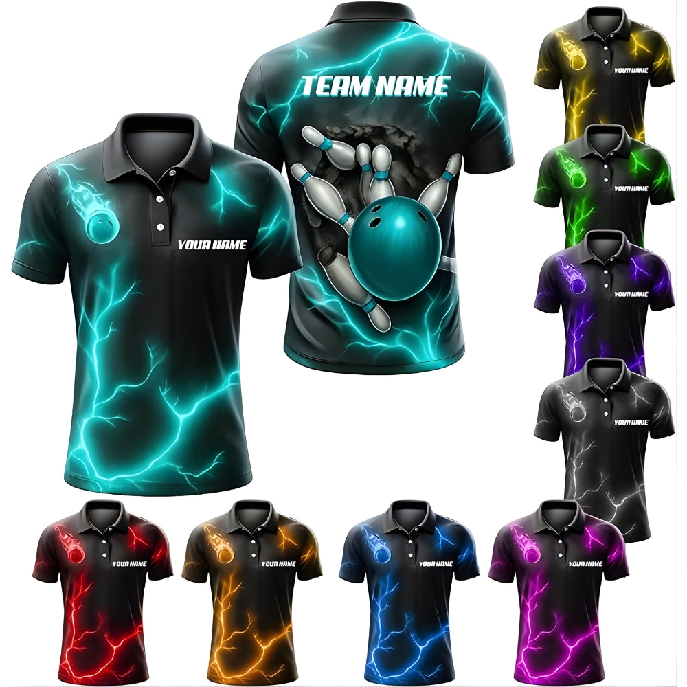 Custom Cyan Thunder Lightning Bowling Polo Shirt Men, Custom Bowling Team Shirts BZ0336