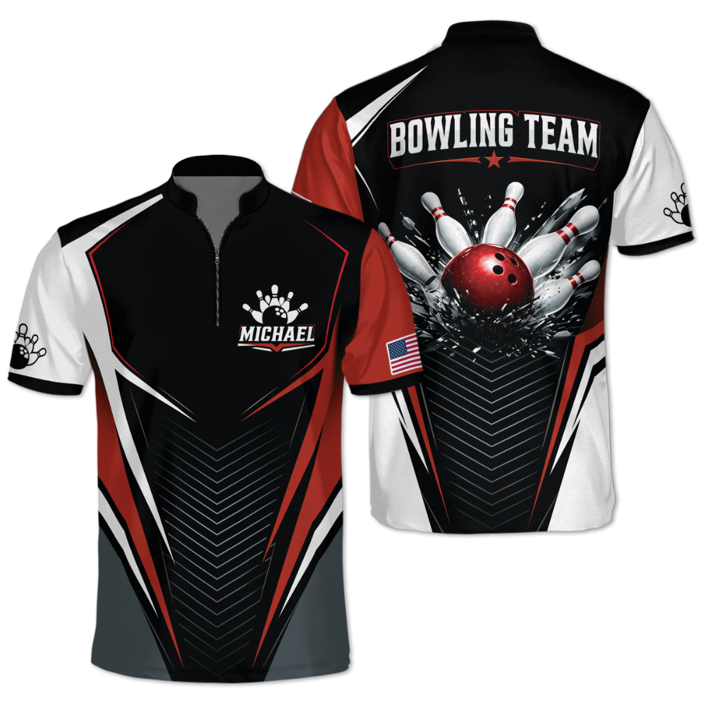 Custom Team Black Red Bowling Jersey, Men's Custom Bowling Shirt BZ0872