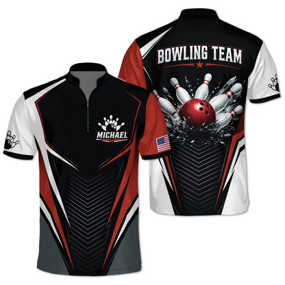 Custom Team Black Red Bowling Jersey, Men's Custom Bowling Shirt BZ0872