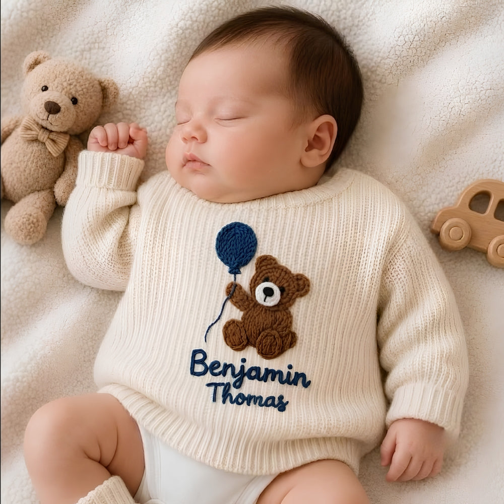 Personalized Teddy Bear Baby Embroidered Knit Sweater, Custom Bear Baby Sweatshirt BB0769