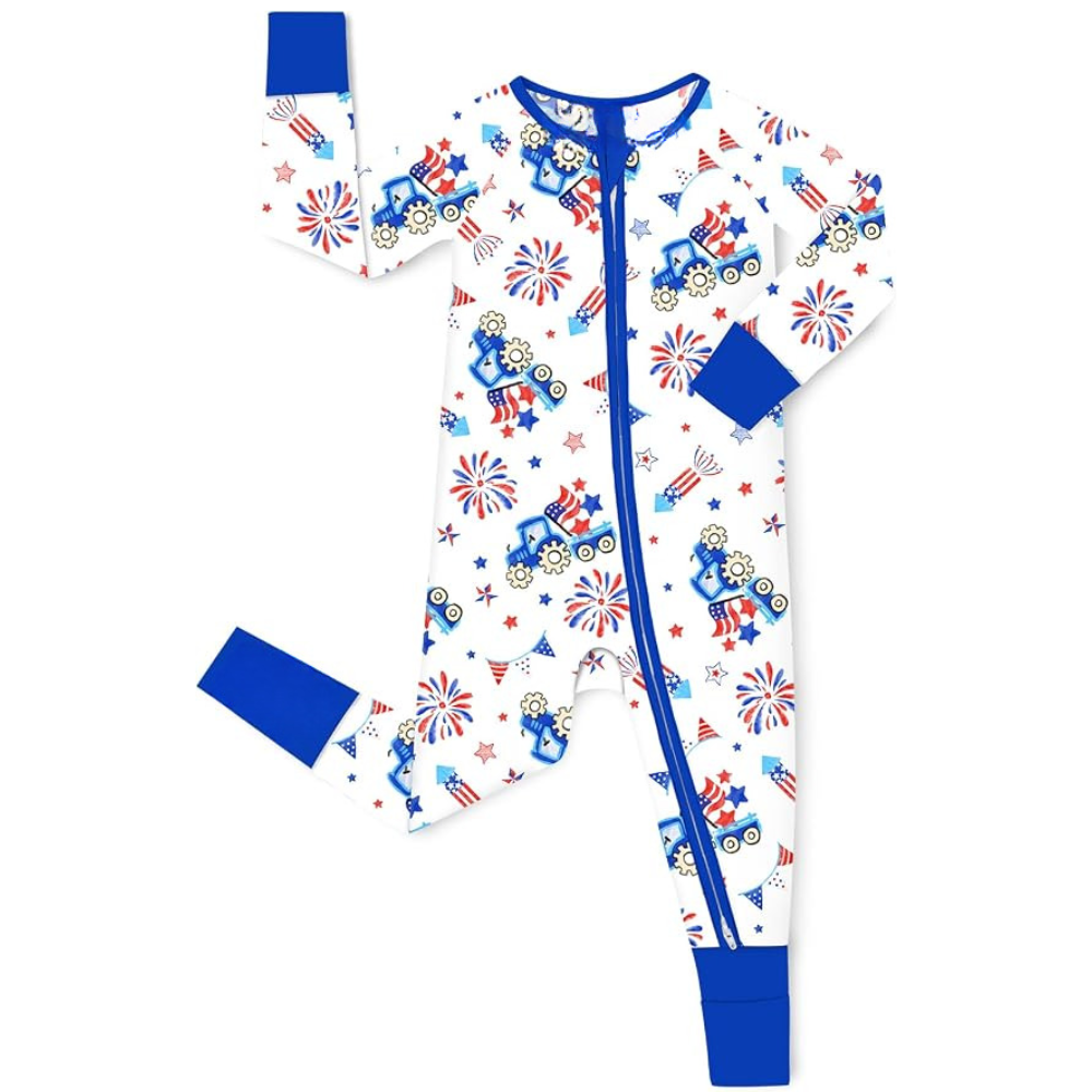 Tractor USA Flag Baby Romper With Convertible Zipper, Tractor Indenpendence Day Convertible Romper For Baby BB0603