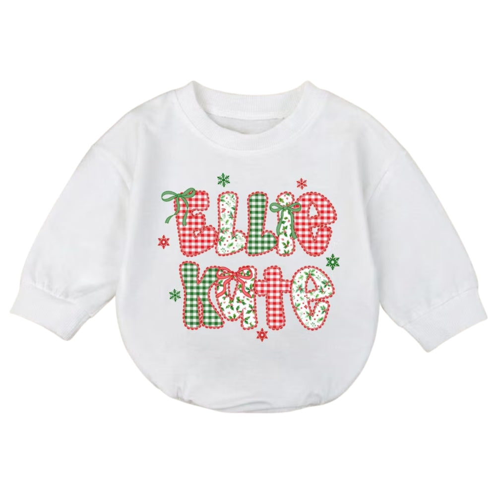 Custom Baby Name Gingham Christmas Romper Sweatshirt, Custom Christmas Baby Romper Sweater BB0937
