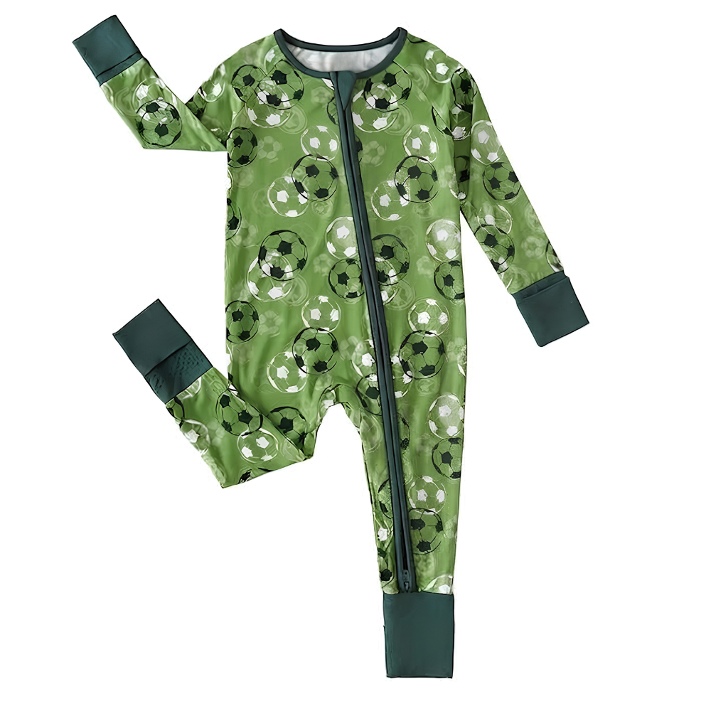 Green Soccer Baby Convertible Zipper Romper, Soccer Baby Romper Convertible BB0643