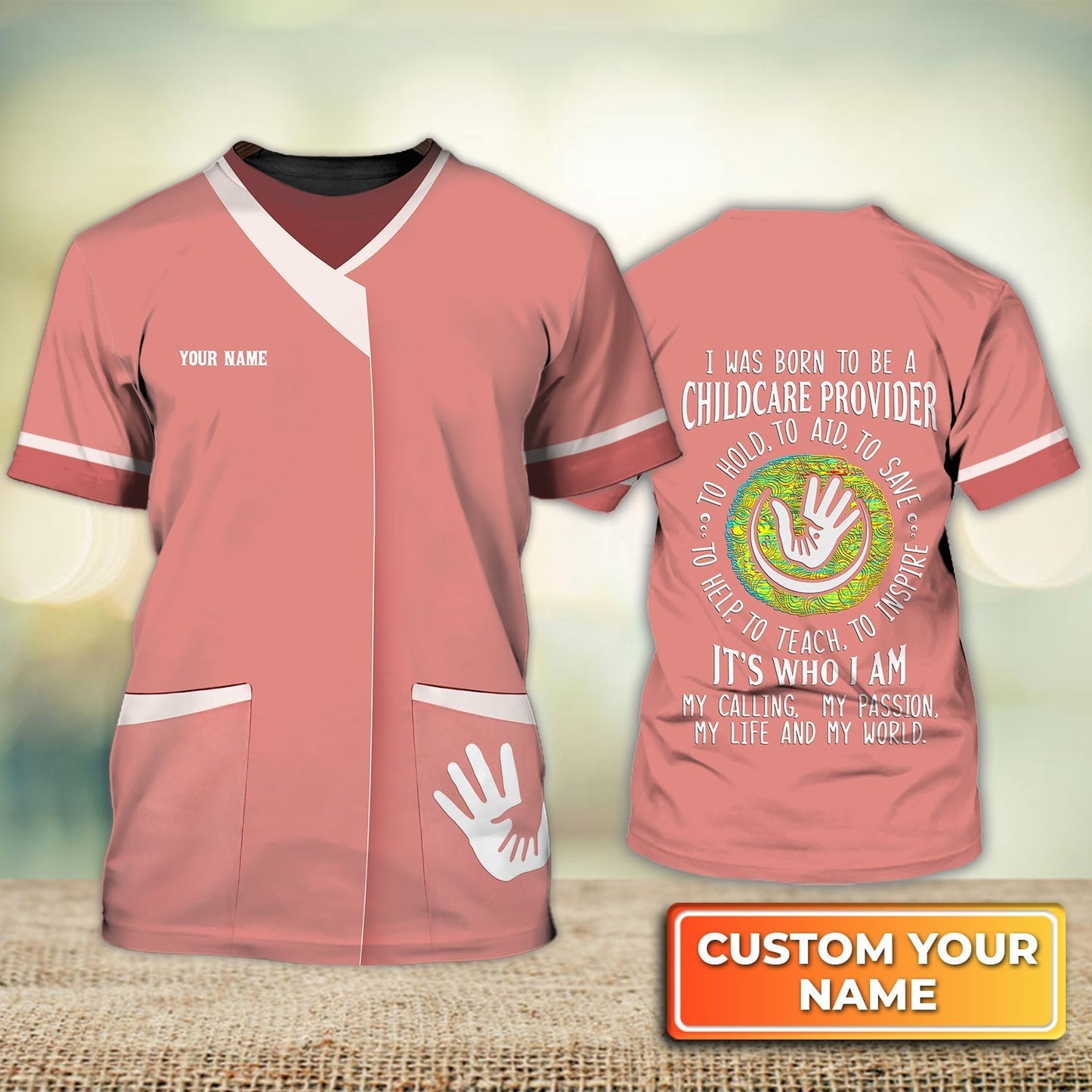 Personalized 3D Shirt Child Care Worker T Shirt Child Day Care Provider Worker Clasped Hands Unifom Pink TO1255