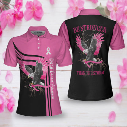 Be Stronger Than The Storm Breast Cancer Awareness Short Sleeve Women Polo Shirt, Eagle Awareness Ribbon Polo Shirt For Ladies Lasfour SO0614