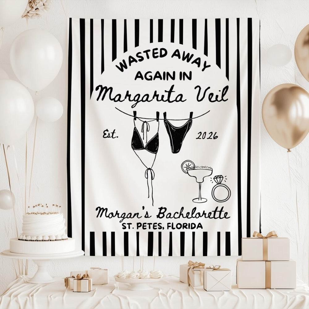 Wasted Away Again In Margarita Veil Personalized Cocktail Bachelorette Party Banner, Custom Bachelorette Banner WD0531