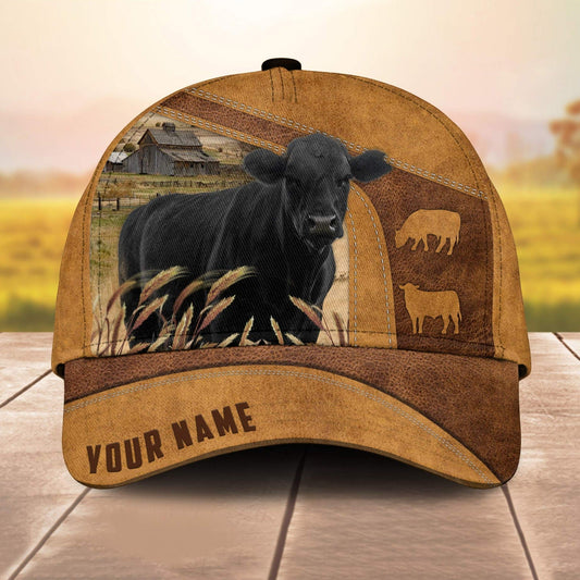 Custom Name Black Angus Cale 3D Cap 3D All Over Print Baseball Cap, Cap For Farm Lovers, Animal Cap, Leather Pattern Cap CA2983