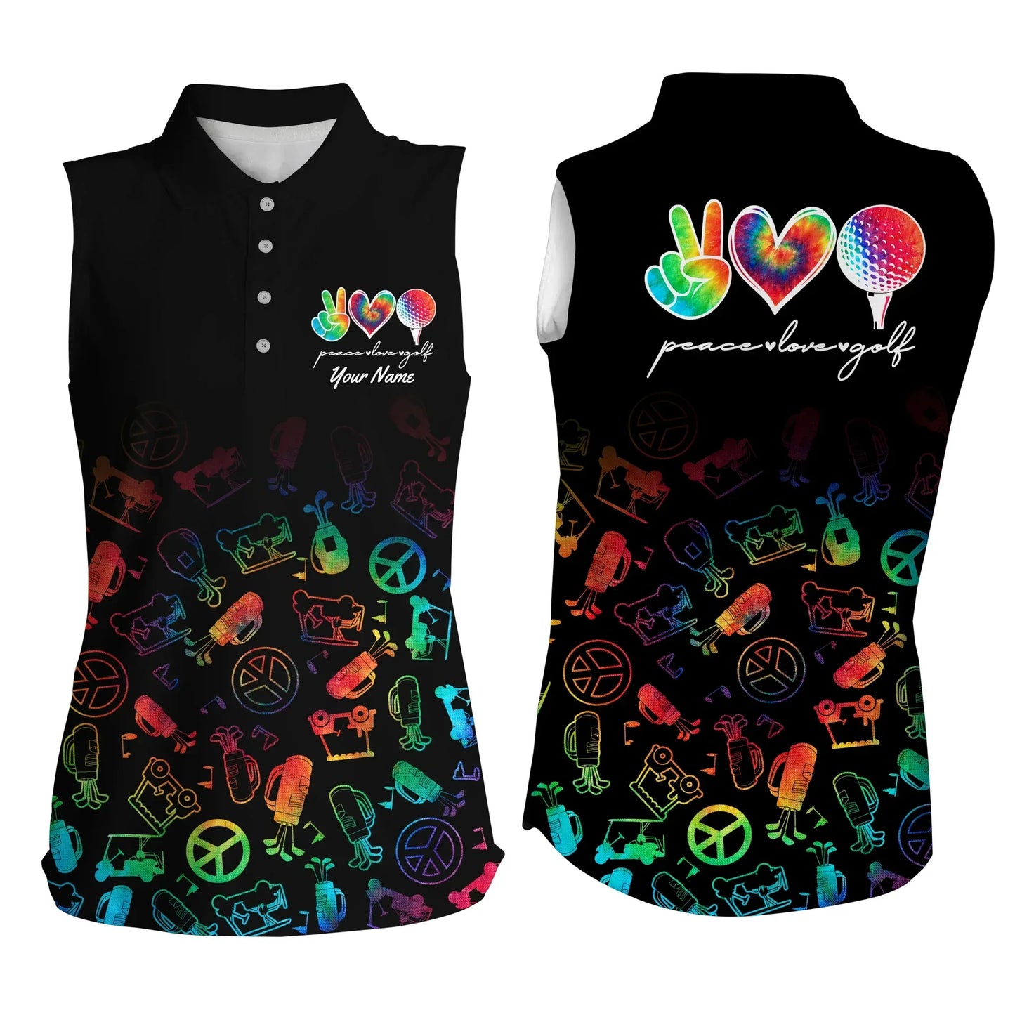 Black Women sleeveless polo shirt, custom watercolor peace love golf, personalized golf shirt for women SO1004
