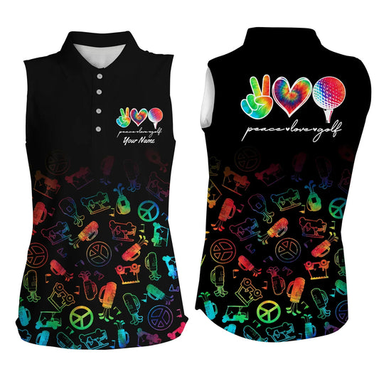 Black Women sleeveless polo shirt, custom watercolor peace love golf, personalized golf shirt for women SO1004