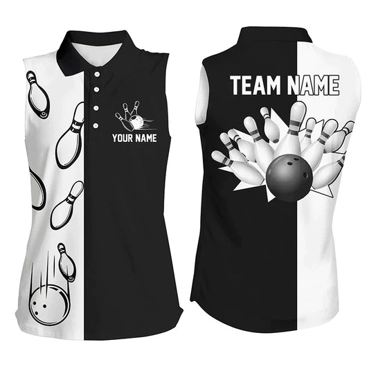 Black and white retro vintage Bowling sleeveless polo shirts for women custom Bowling team jerseys SO1341