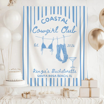 Coastal Cowgirl Club Personalized Bachelorette Banner, Custom Western Beach Bachelorette Party Banner WD0534