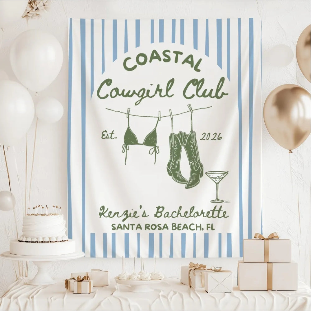 Coastal Cowgirl Club Personalized Bachelorette Banner, Custom Western Beach Bachelorette Party Banner WD0534