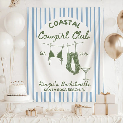 Coastal Cowgirl Club Personalized Bachelorette Banner, Custom Western Beach Bachelorette Party Banner WD0534