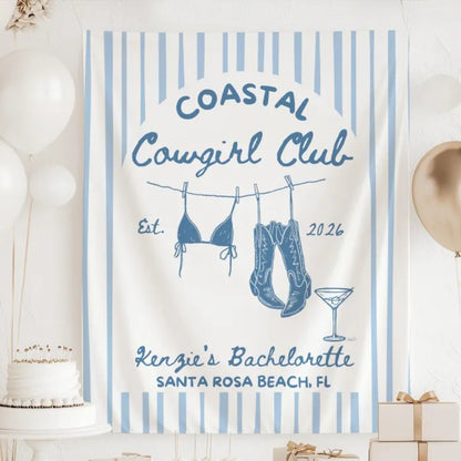 Coastal Cowgirl Club Personalized Bachelorette Banner, Custom Western Beach Bachelorette Party Banner WD0534