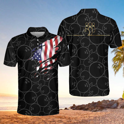 Bowling American Flag Short Sleeve Polo Shirt, Bowling Ball Pattern Usa Flag Polo Shirt, Bowling Team Uniform SO0688