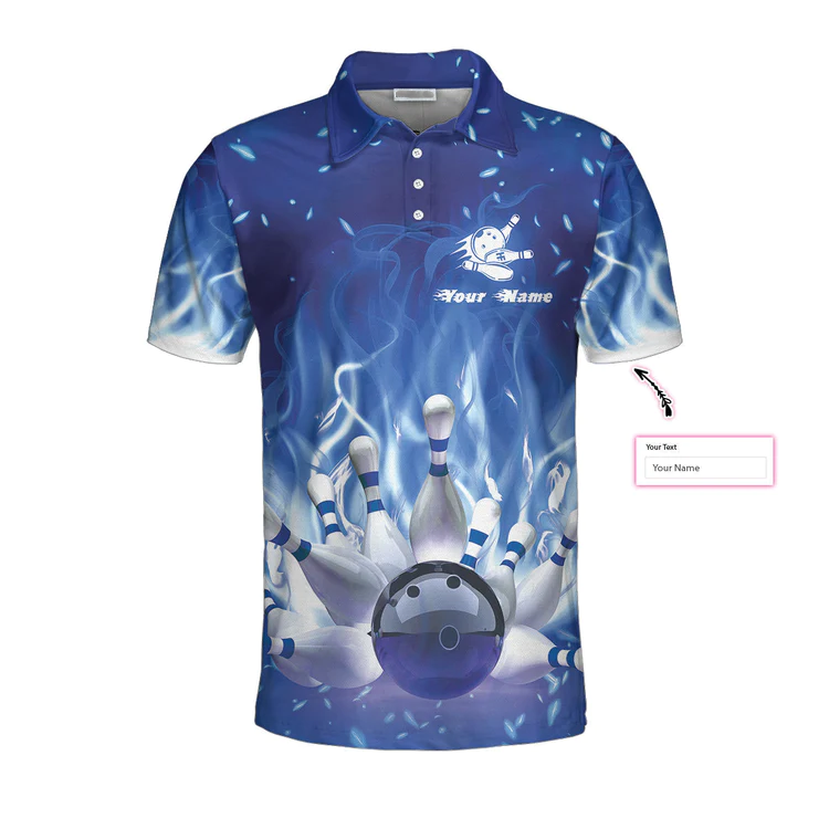Bowling On Blue Fire Custom Polo Shirt, Blue Custom Bowling Shirt For Adults, Personalized Bowling Gift Lasfour SO0514