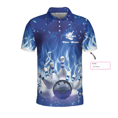Bowling On Blue Fire Custom Polo Shirt, Blue Custom Bowling Shirt For Adults, Personalized Bowling Gift Lasfour SO0514