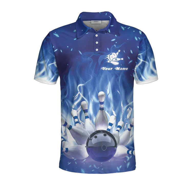 Bowling On Blue Fire Custom Polo Shirt, Blue Custom Bowling Shirt For Adults, Personalized Bowling Gift Lasfour SO0514