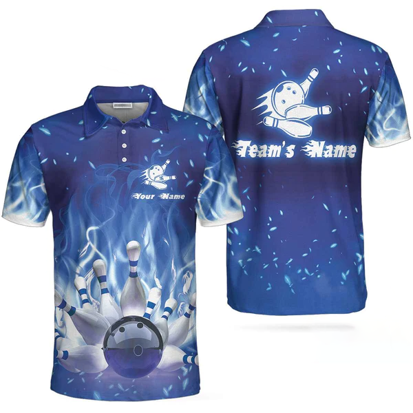 Bowling On Blue Fire Custom Polo Shirt, Blue Custom Bowling Shirt For Adults, Personalized Bowling Gift Lasfour SO0514