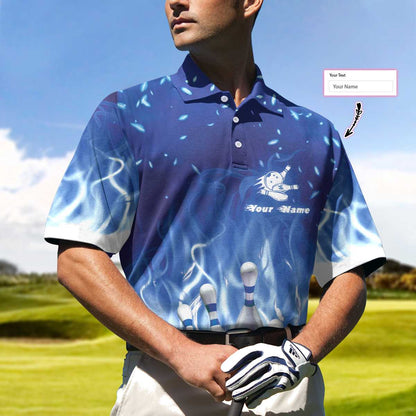 Bowling On Blue Fire Custom Polo Shirt, Blue Custom Bowling Shirt For Adults, Personalized Bowling Gift Lasfour SO0514
