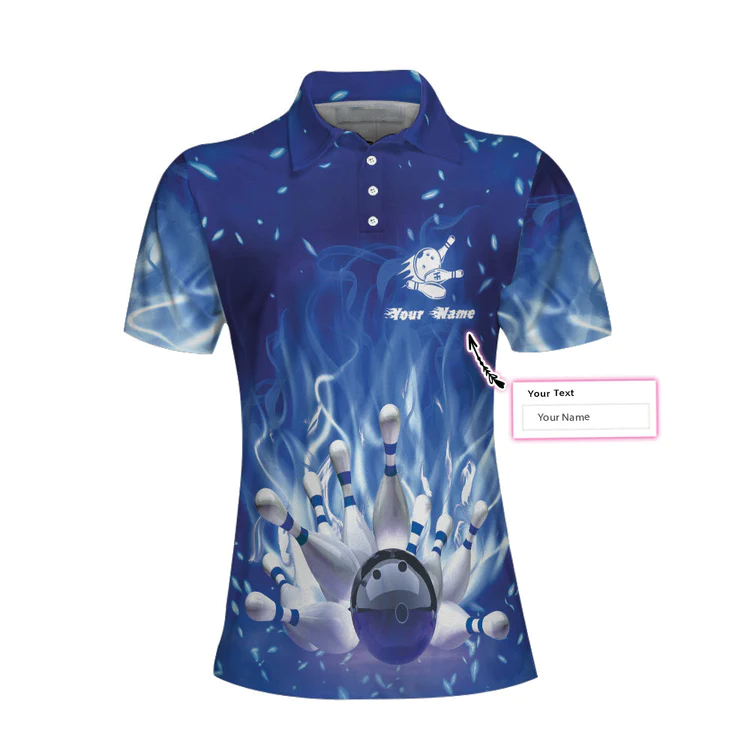 Bowling On Blue Fire Custom Short Sleeve Women Polo Shirt, Personalized Blue Flame Polo Shirt For Female Bowlers Lasfour SO0542