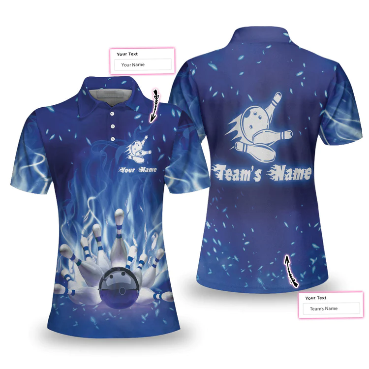 Bowling On Blue Fire Custom Short Sleeve Women Polo Shirt, Personalized Blue Flame Polo Shirt For Female Bowlers Lasfour SO0542