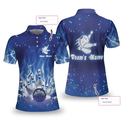 Bowling On Blue Fire Custom Short Sleeve Women Polo Shirt, Personalized Blue Flame Polo Shirt For Female Bowlers Lasfour SO0542
