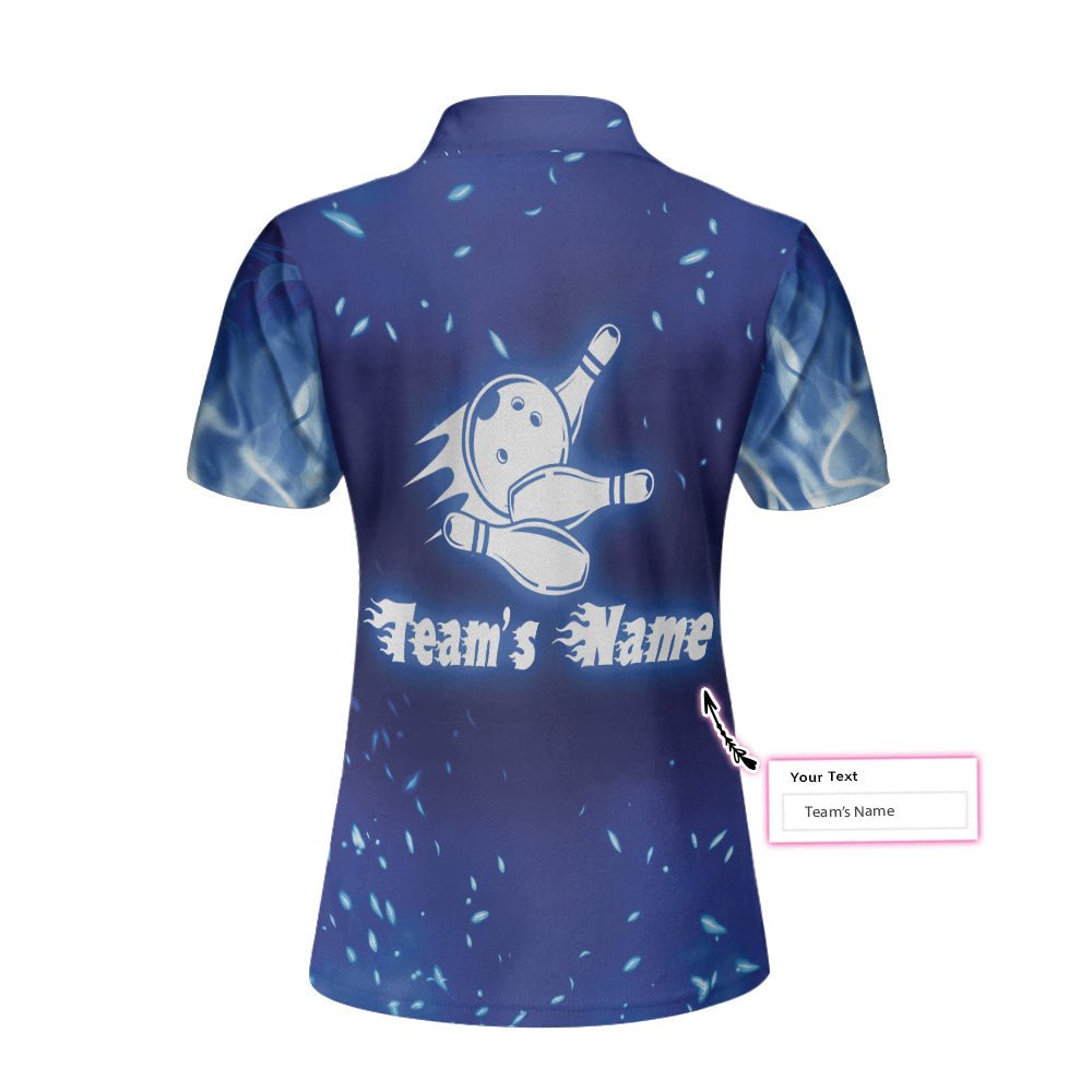 Bowling On Blue Fire Custom Short Sleeve Women Polo Shirt, Personalized Blue Flame Polo Shirt For Female Bowlers Lasfour SO0542