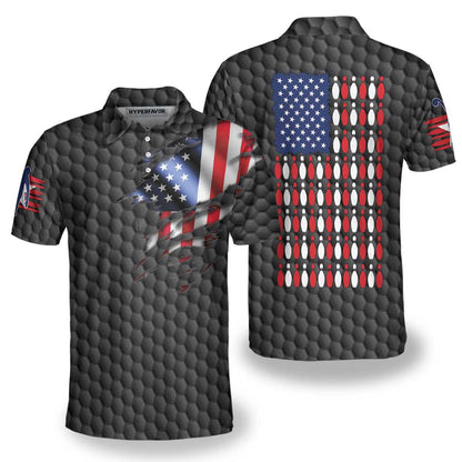 Bowling Pin American Flag Polo Shirt, Black Ten Pin Bowling Polo Shirt, Bowling Gift Idea For Bowlers Lasfour SO0902