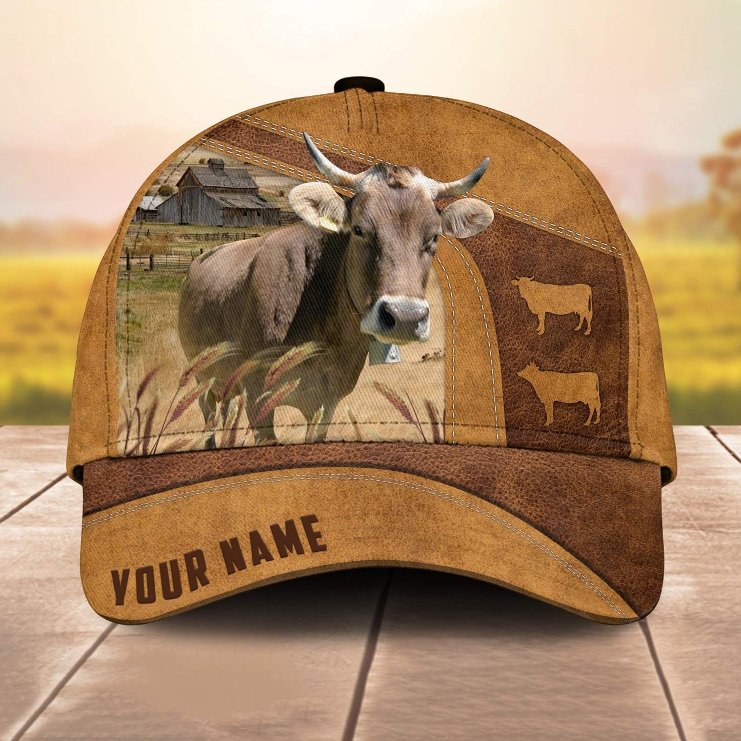 Custom Name Brown Swiss Cale 3D Cap 3D All Over Print Baseball Cap, Cap For Farm Lovers, Animal Cap, Leather Pattern Cap CA3009