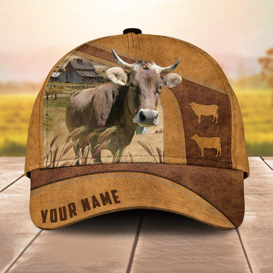 Custom Name Brown Swiss Cale 3D Cap 3D All Over Print Baseball Cap, Cap For Farm Lovers, Animal Cap, Leather Pattern Cap CA3009