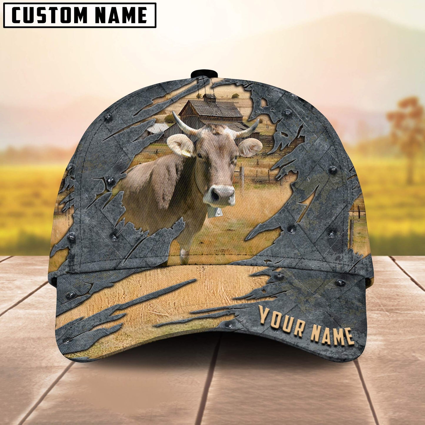 Brown Swiss Customized Name 3D Cap 3D All Over Print Baseball Cap, Cap For Farm Lovers, Animal Cap, Leather Pattern Cap CA3219