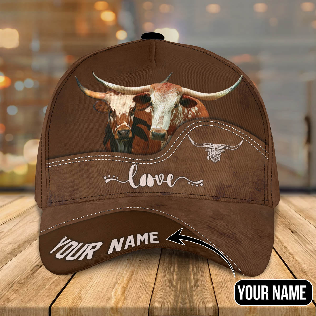 Texas Longhorn Love Leather Pattern Customized Name Cap CA0087