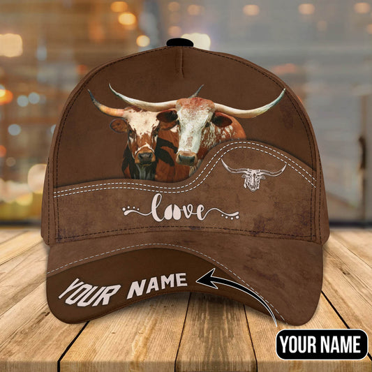 Texas Longhorn Love Leather Pattern Customized Name Cap CA0087
