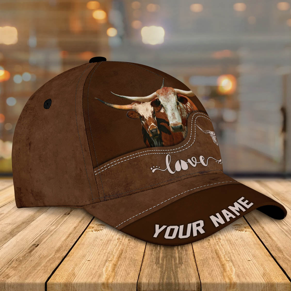 Texas Longhorn Love Leather Pattern Customized Name Cap CA0087