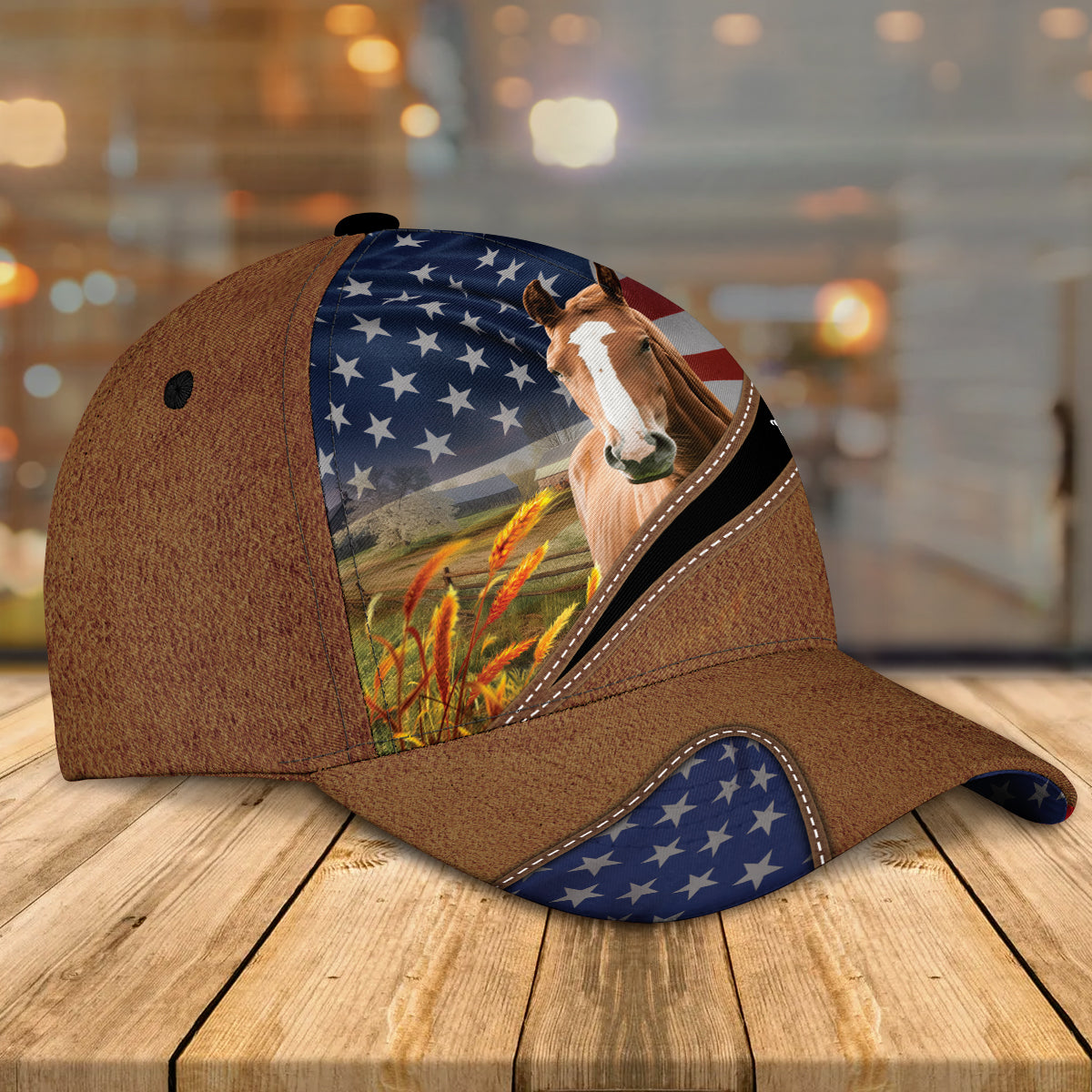 Brown Horse Leather Pattern American Customized Name Cap CA0170