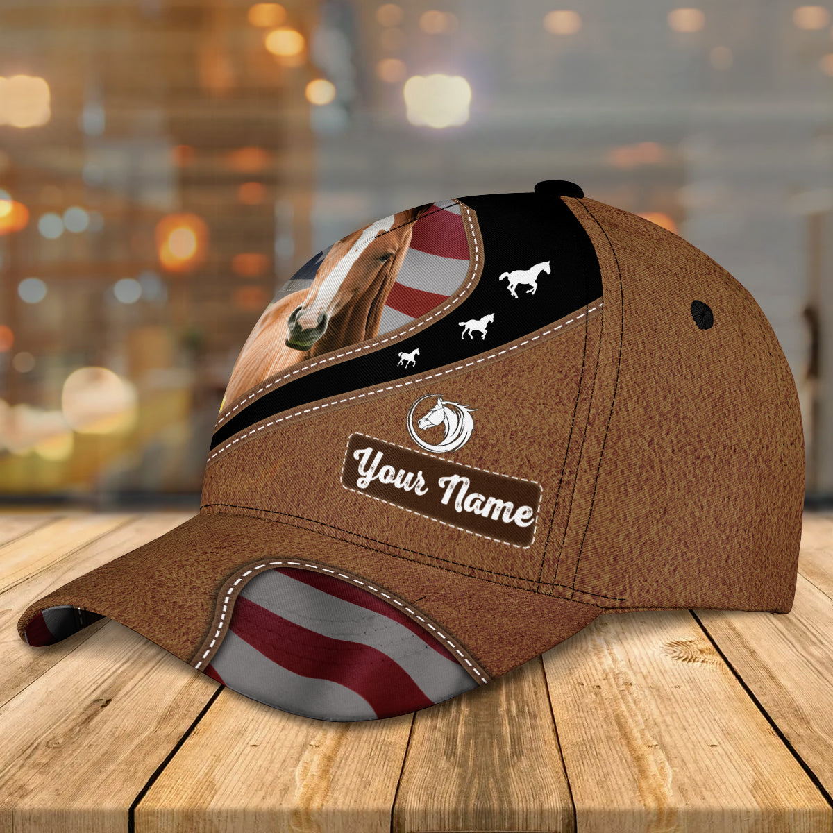 Brown Horse Leather Pattern American Customized Name Cap CA0170