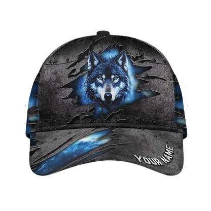 Personalized Blue Eyes Wolf Baseball Cap, Custom Wolf Cap For Animal Lovers CP0076