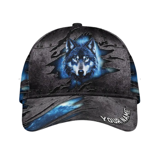 Personalized Blue Eyes Wolf Baseball Cap, Custom Wolf Cap For Animal Lovers CP0076