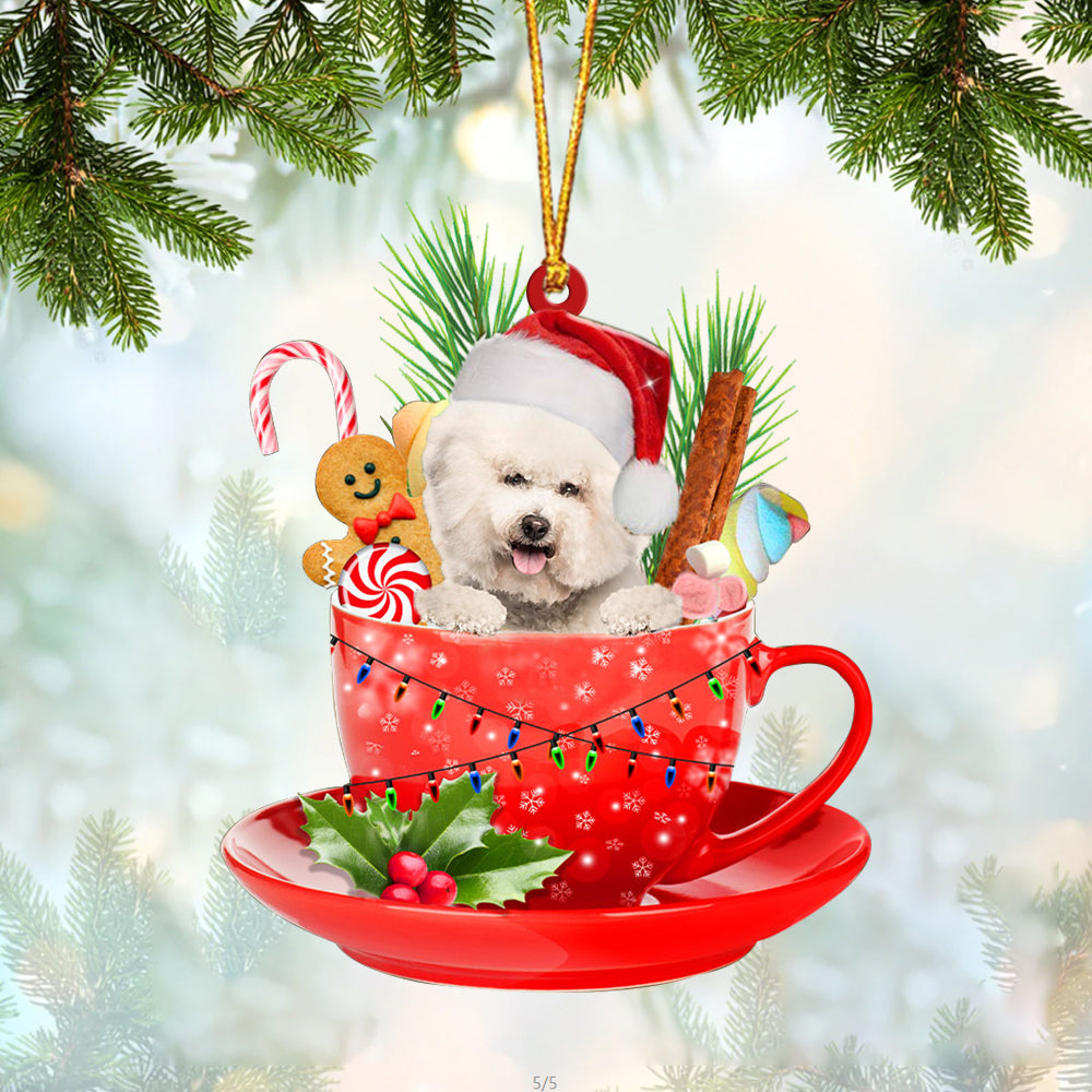 CREAM Bichon Frise In Cup Merry Christmas Ornament Flat Acrylic Dog Ornament OO1894