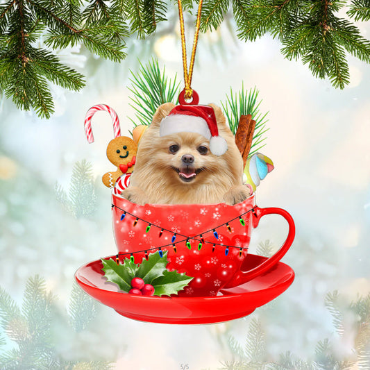 CREAM Pomeranian In Cup Merry Christmas Ornament Flat Acrylic Dog Ornament OO1911