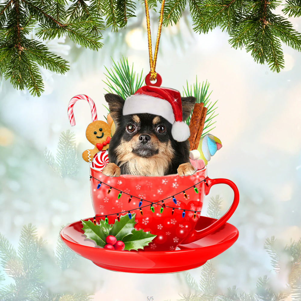 Chihuahua Long haired In Cup Merry Christmas Ornament Flat Acrylic Dog Ornament OO1924