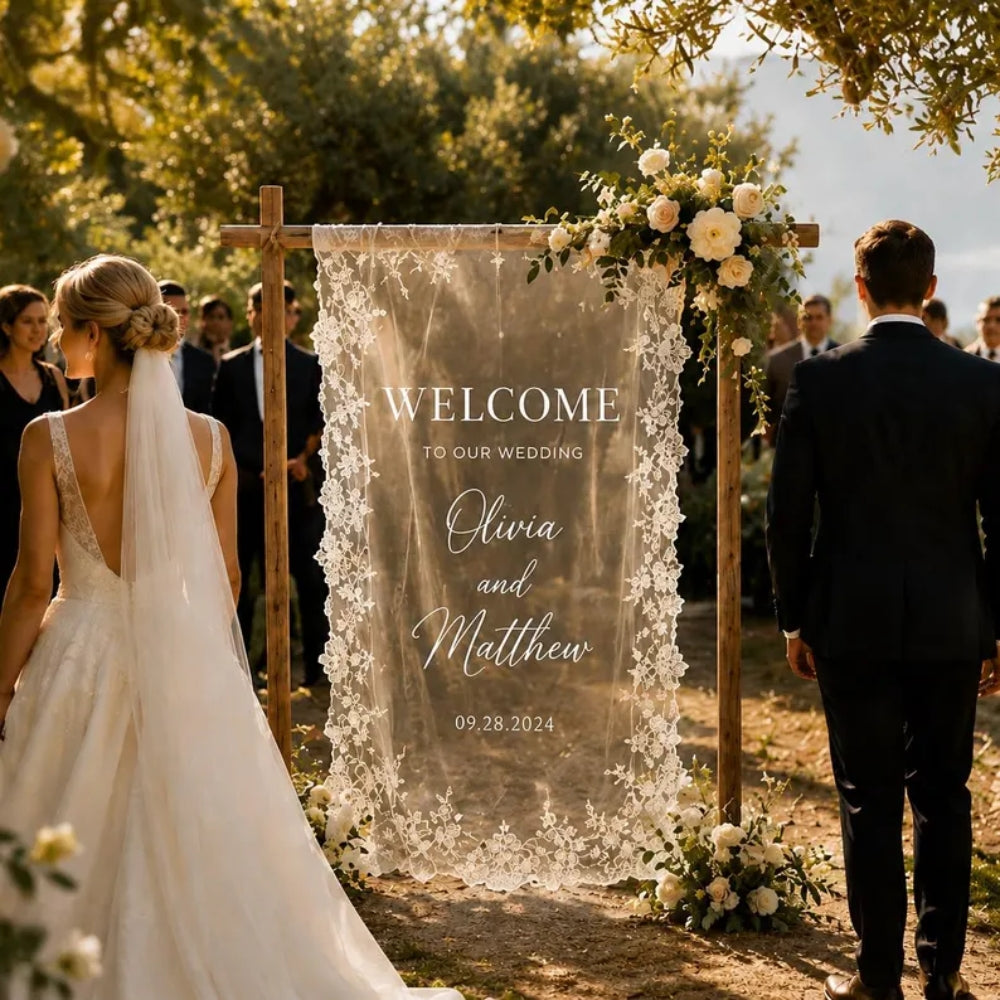 Custom Lace Wedding Welcome Banner, Personalized Romantic Wedding Lace Banner WD0230