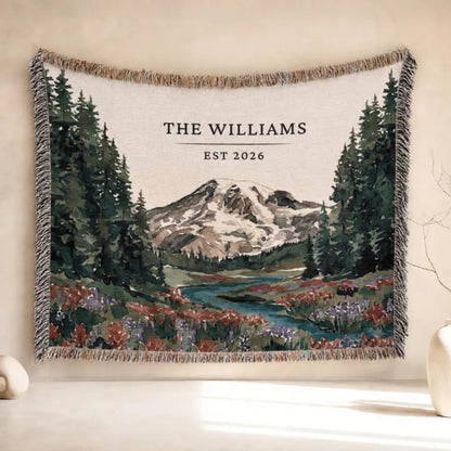 Personalized Last Name Mountain Forest Woven Blanket, Custom Wedding Anniversary Blanket For Couple WD0351
