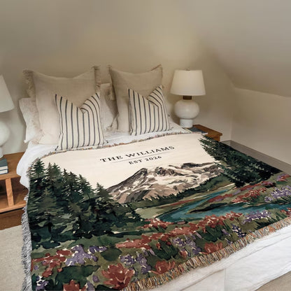 Personalized Last Name Mountain Forest Woven Blanket, Custom Wedding Anniversary Blanket For Couple WD0351