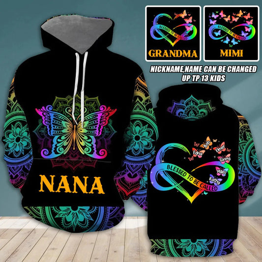 Personalized Colorful Butterfly Vintage Nana Grandma Kids Hoodie 3D All Over Print, Grandma And Kids Hoodie, Gift For Nana Gigi SO1525